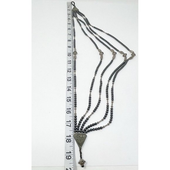 Antiqued Silver Tone Egyptian Revival Multi Strand Beaded Layered Necklace - Picture 8 of 8
